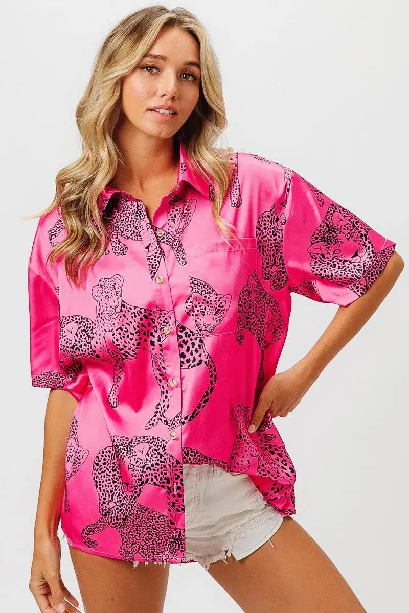 BiBi Leopard Print Short Sleeve Silky Satin Shirt Top - Love Salve